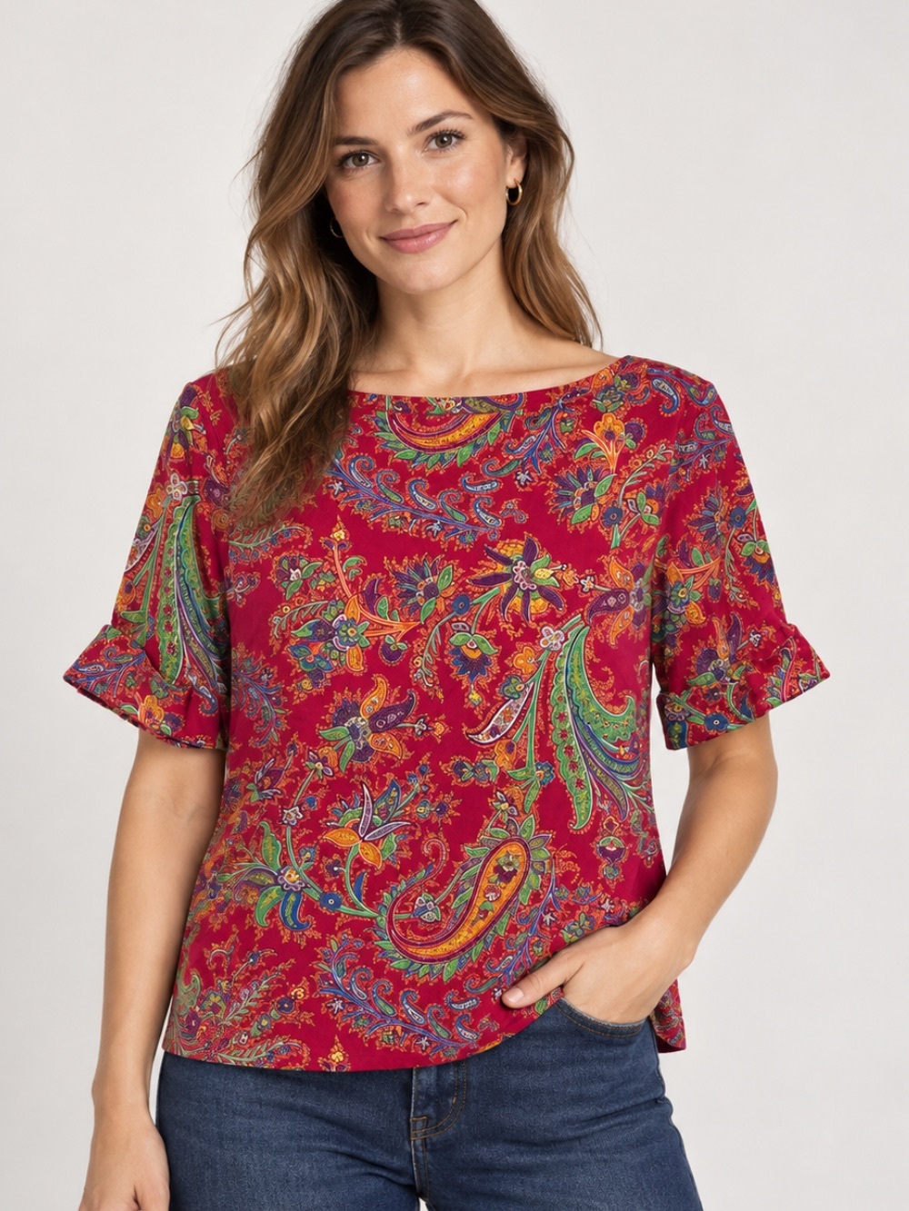 Vintage Ralph Lauren Red Paisley Short Sleeve Blouse Size L Preppy Classic Top
